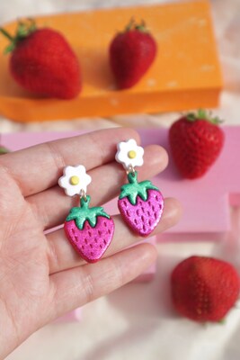 Sparkly Strawberry, Glitter Strawberry Earring, Lightweight, Fruit Earring - image1